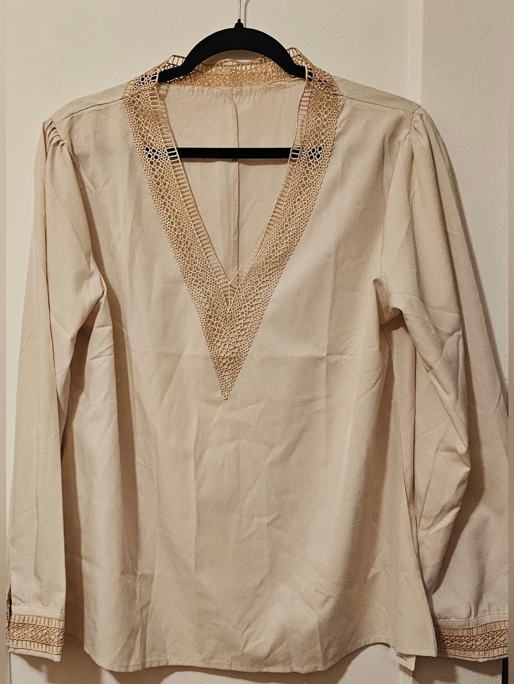 Elegant Cream Lace-Trim V-Neck Women's Top
